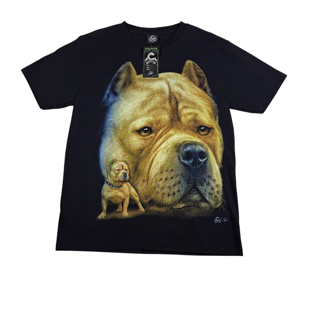 Caballo T-Shirt Men Small Black Pitbull Dog Graphic Super Glow Double Y2K Sided